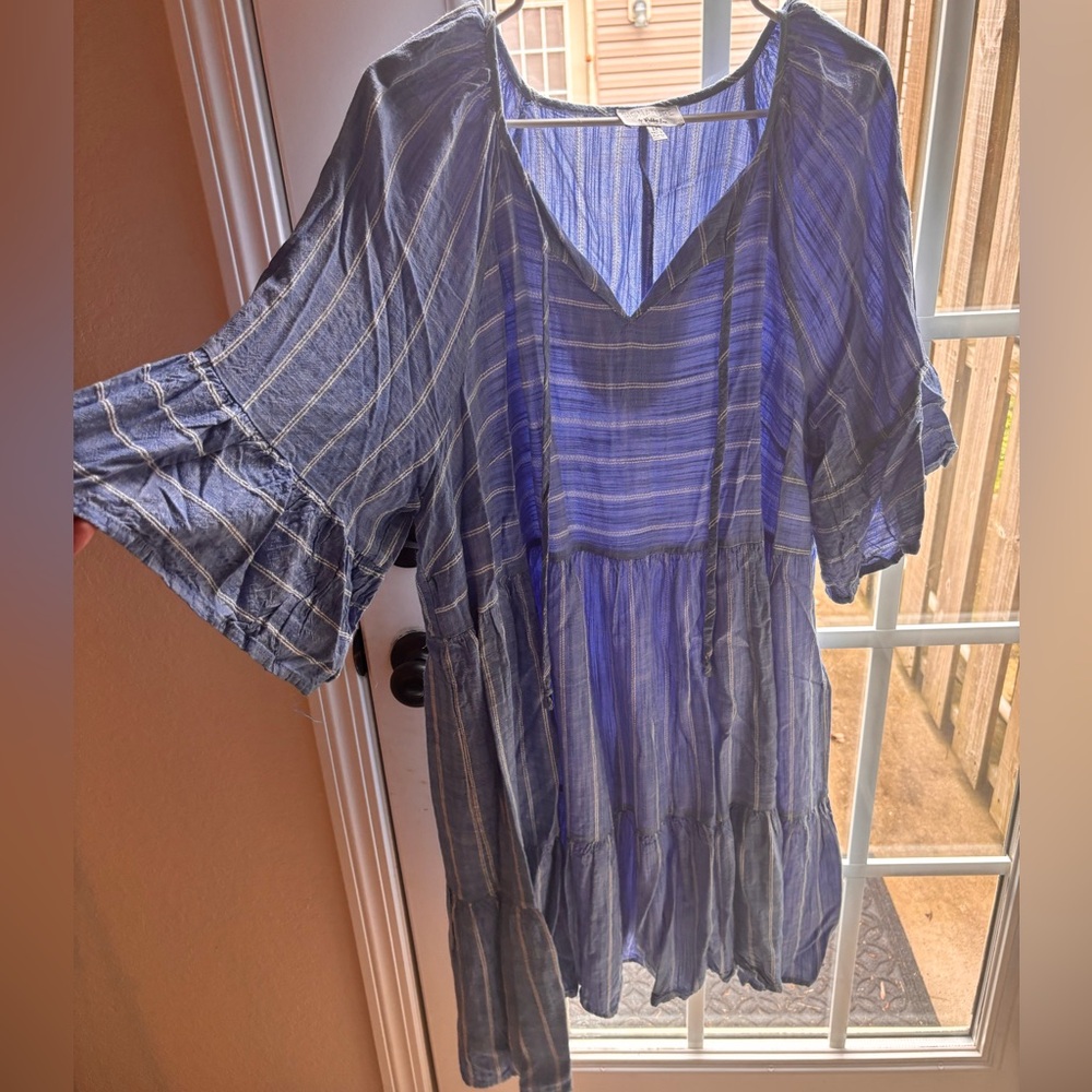 2X Blue Striped Dress With Bell Sleeves - Picture 2 of 3